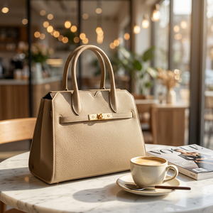 Sac fourre-tout beige en cuir véritable pour femme, sac à main structuré à double poignée avec fermeture éclair, idéal pour le bureau, le quotidien et les voyages - Product Image 2