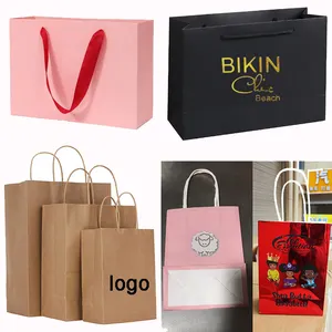 Wholesale Cheap Luxury Boutique Jewellery Shopping Packaging Custom Printed Little Pink Ribbon Souvenir Gift kraft red Paper Bag