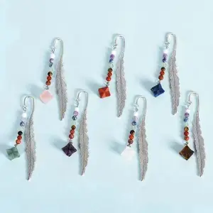 Wholesale Natural stone crystal gemstone crystal craft seven charkras merkaba bookmark feather shape for healing gift