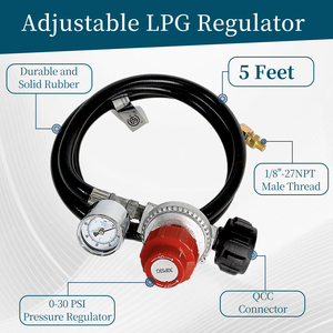 Regulador de propano certificado <span class=keywords><strong>CSA</strong></span> de servicio pesado con manómetro, salida ajustable de 0-30 PSI, manguera de PVC de 5 pies - Product Image 2