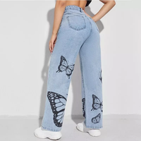 Jean en jean pour femme, motif papillon, legging droit, fermeture éclair