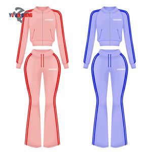 벨루어 지퍼 재킷과 플레어 팬츠 여성 맞춤형 투피스 벨벳 슈트 핑크 트랙슈트 스트라이프 키 큰 여성용 세트 - Product Image 3