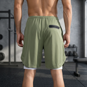Double <b>Layer</b> Mesh Shorts with Custom Logo Solid High Street Breathable Drawstring Closure Men Basketball Active Wear - Product Image 3