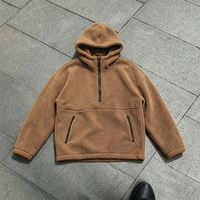 Sweat à capuche mi-zippé en polaire sherpa pour homme, coupe oversize, marron, chaud, style Teddy, décontracté, streetwear d'hiver avec poches zippées