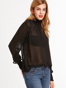 Latest Long Sleeve Black <strong>Sheer</strong> Women Smocked <strong>Blouse</strong> - Product Image 3