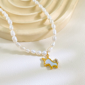 Colliers pendentifs <span class=keywords><strong>licorne</strong></span> en acier inoxydable plaqué or, nouvelle mode, avec <span class=keywords><strong>perle</strong></span> naturelle d'eau douce, bijoux élégants - Product Image 1