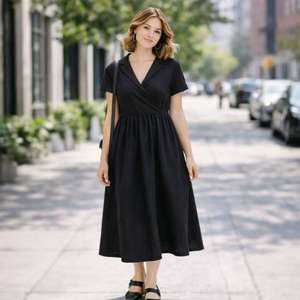 Abito da <span class=keywords><strong>Donna</strong></span> <span class=keywords><strong>su</strong></span> <span class=keywords><strong>Misura</strong></span> in Lino Nero, Vestito Elegante a Vestibilità Ampia, Fornitore di Abbigliamento Femminile di Qualità - Product Image 3