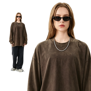 Men <b>Vintage</b> Washed Crewneck Sweatshirt Blank Oversized Heavy Cotton Custom Logo Acid Wash Pullover Long Sleeve <b>Tee</b> TKAN9160 - Product Image 1