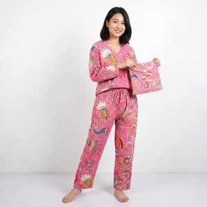 Ensemble de pyjama pour femmes en coton 100% à col en V, manches longues, longueur intégrale, été, modeste, doux, respirant, lavable en machine - Product Image 1
