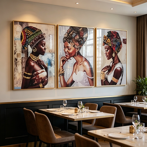 wholesale Custom Luxury Ethnic African Lady Wall Art 3 Panel Gold Jewelry Portrait Home Decor Crystal Porcelain <b>Painting</b> - Product Image 5