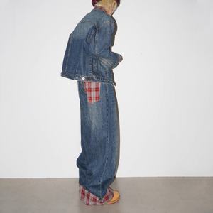 ชุดเดนิมวินเทจใหม่ แบบสั่งทำ ลายตารางแดงน้ำเงิน ทรงหลวม ลุคทำเก่า ซักฟอกแล้ว เสื้อแจ็คเก็ตเดนิมและกางเกงยีนส์สำหรับผู้ชาย - Product Image 3