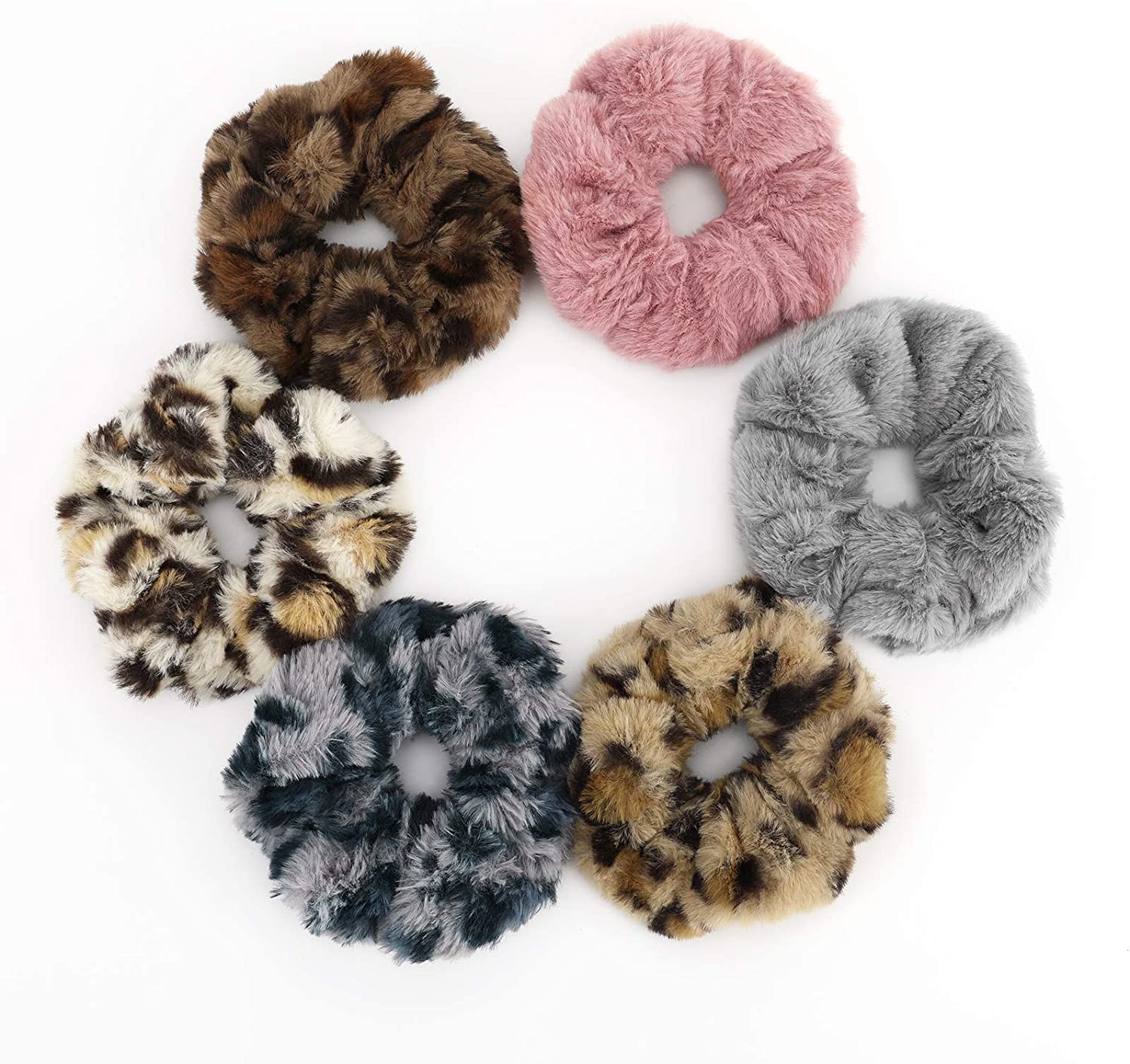 Большие резинки для волос Lewondr, шелковистые пушистые эластичные резинки из искусственного кроличьего меха, Леопардовый узор, с принтом животных