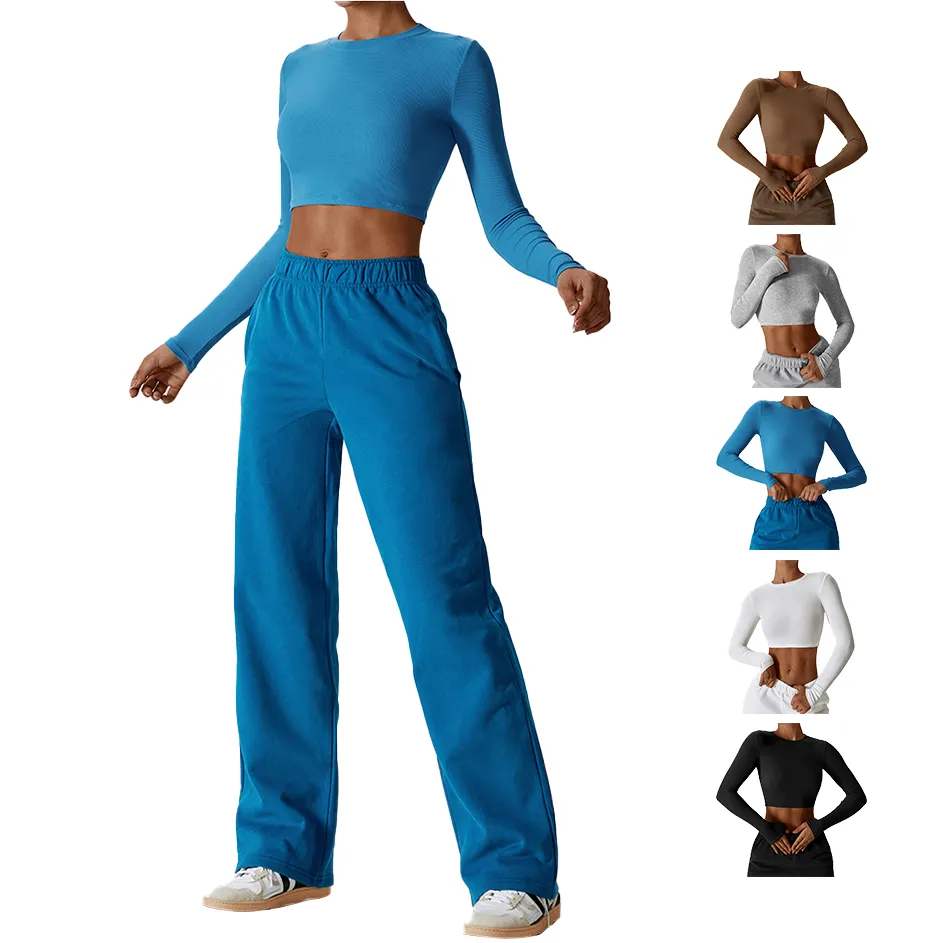 Camiseta feminina de manga longa slim fit para academia, roupa básica leve com gola redonda e nervuras para treino e ioga, ideal para corrida e academia
