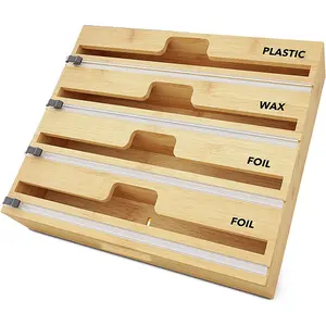 4 In 1 Natural Bamboo Wooden Kitchen Drawer Organizer Aluminum Foil And Plastic Wrap Dispenser With Slide Cutter