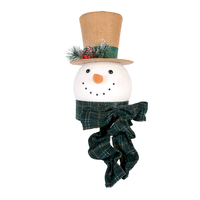 Tête de bonhomme de neige en toile de jute naturelle avec écharpe à carreaux verts pour couronne de Noël, décoration murale et présentation en magasin (vente en gros)