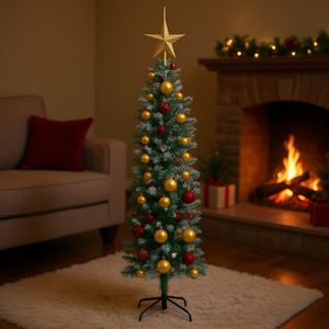 Árbol de Navidad Artificial Delgado Verde y Blanco de 59.06 Pulgadas con Adornos y Estrella en la Punta para Decoración Interior - Product Image 2