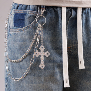 Chaîne de pantalon Yueli avec pendentif croix, chaîne de taille hip-hop double couche en argent tibétain, pour usage quotidien - Product Image 1