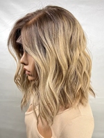 Wig rambut manusia Eropa asli dengan highlight warna pirang, model bob pendek bergelombang, ukuran 8-14 inci, wig lace front untuk wanita.