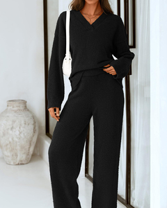 Nuovo Set Loungewear da <span class=keywords><strong>Donna</strong></span> in Due Pezzi, Top Oversize con Scollo a V e Maniche Lunghe + <span class=keywords><strong>Pantaloni</strong></span> a Gamba Larga, Morbido e Traspirante, Completo Casual - Product Image 5