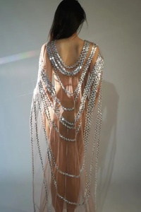 Costume de drag queen <span class=keywords><strong>sexy</strong></span> pour pole dance latine, avec paillettes, maille transparente, longueur au sol, pour fête d'anniversaire, en mousseline naturelle - Product Image 2