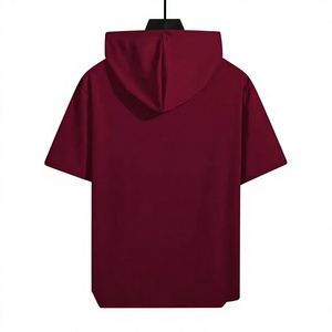 Men's Maroon Hooded Short Sleeve T-Shirt Regular Fit 100% Cotton Jersey Casual Front Logo Print Breathable Knitted Eco-Friendly - Product Image 2