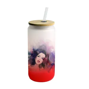 hot sale 12oz 16oz art printable sublimation DIY frosted glass cup with lid and straw