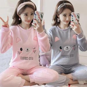 Conjunto de Dos Piezas de Franela Suave para <span class=keywords><strong>Invierno</strong></span> Coreano, Talla Grande, Estampado Animal, <span class=keywords><strong>Pijama</strong></span> de Manga Larga con Cuello Redondo para <span class=keywords><strong>Mujer</strong></span> - Product Image 2