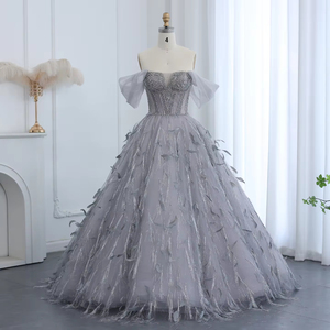 ชุดราตรีเจ้าหญิงดูไบทรงเอไลน์ประดับพู่สีเงินประกายสำหรับงานเลี้ยงงานแต่งงานงานหมั้นของผู้หญิง SZ534-1ขนนก3D - Product Image 4