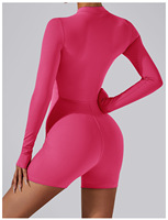 GZ6005-1 Romper Yoga Lengan Panjang Solid dengan Logo Kustom, Set Jumpsuit Legging Pendek Wanita dengan Ritsleting Depan Seksi, Pinggang Elastis Tinggi