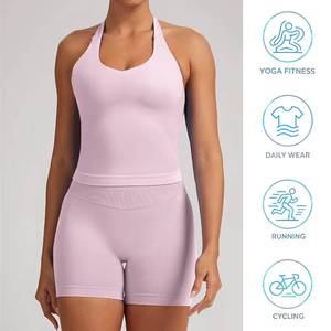 Hot Selling Women's Eco-Friendly Four-Way Stretch Solid Breathable Sportswear High Support Seamless Ribbed Yoga <b>Halter</b> Tank <b>Top</b> - Product Image 3