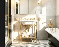 Meuble de salle de bain de luxe pour chambre d'hôtel, pour suites et chambres nouvellement rénovées, hôtel en centre ville, avec console de lavabo dorée et pieds en laiton