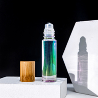 Bijou holographique en verre à bille, contenant à bille en acier inoxydable, pour huile essentielle, avec capuchon en bambou, de 5ml ou 10 ml, personnalisé, nouveau design, pièces