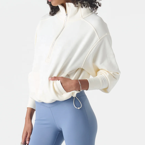 Sweat-shirt de sport pour femme OEM, col montant à 1/2 zip, coton et élasthanne, avec poche latérale cachée, ourlet ajustable - Product Image 3