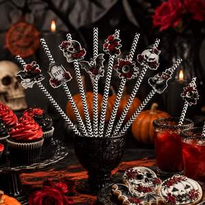 Suministros: Juego de 24 Pajitas de Papel Desechables con Diseño de Calavera, Murciélago y Rosa en Blanco y Negro, Estilo Gótico para Halloween - Product Image 2