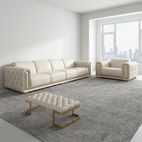 Ensemble de canapés en cuir capitonné blanc avec base en métal doré, canapé de luxe 3+1+1 pour un design d'intérieur moderne