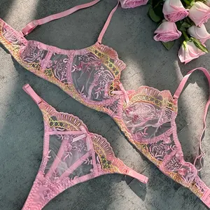 2024 Custom Logo Pink Fancy Embroidery Lingerie Set Luxury Lace Bra Low MOQ Bralette Womens Bras Big Cup Size Lingeries