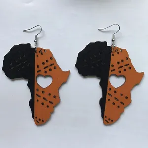 패션 블랙 퀸 우드 아프리카지도 하트 귀걸이 중공 아프리카 그림 나무 맵 귀걸이 파티