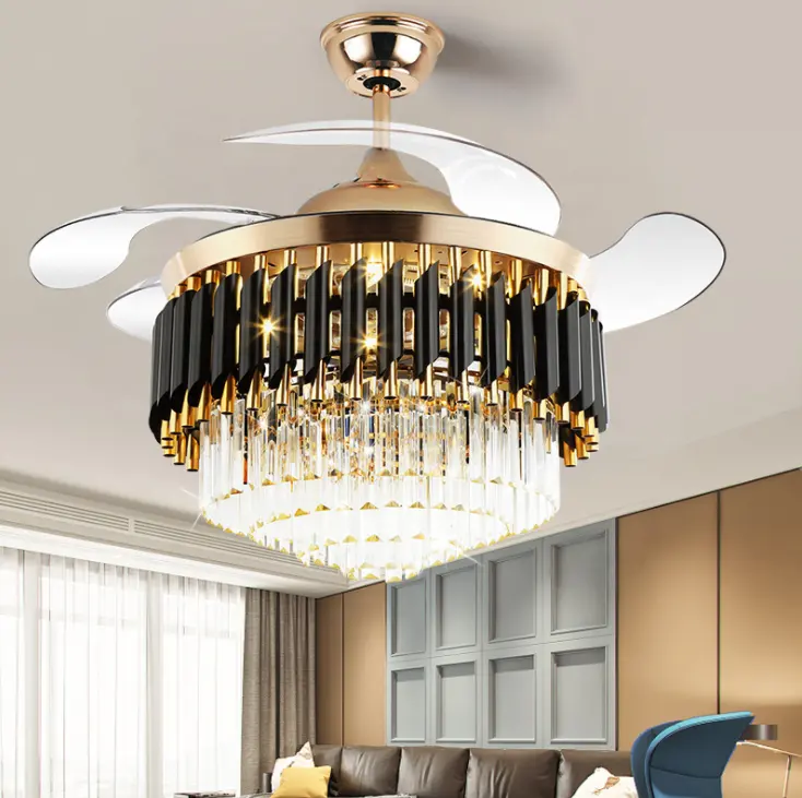 Biumart 42inch Modern Ceiling Fans with Light Crystal LED Chandelier Pendant Fixture Retractable Blades Remote Control