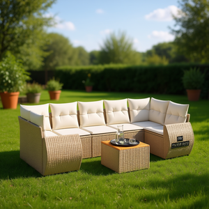 Conjunto de Sofás de Jardín de Ratán Beige, 6 Plazas, Muebles de Exterior Resistentes a la Intemperie, Diseño Contemporáneo - Product Image 2