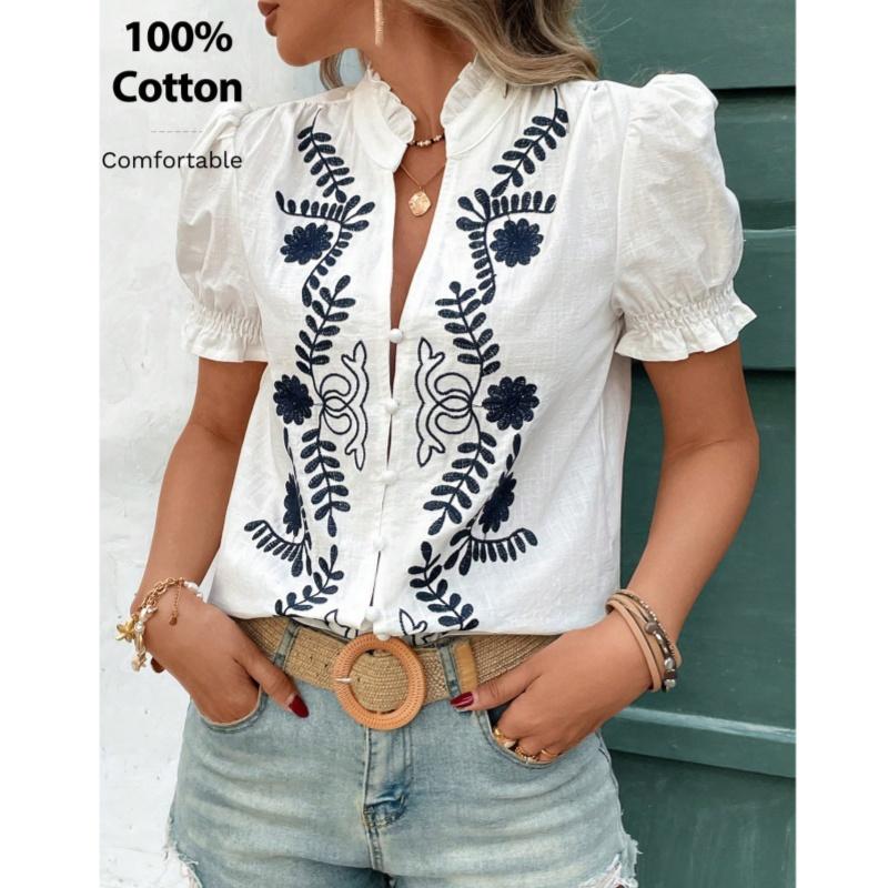 In Stock Flower Embroidery Blouse Lace Flower Design, Short