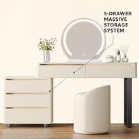 Ensemble de coiffeuse moderne en panneaux de bois blanc avec miroir LED réglable, tiroirs de rangement, table de maquillage pour chambre d'hôtel