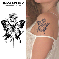 Autocollant de tatouage semi-permanent réaliste en forme de papillon et de rose, longue durée (15 jours), pour femmes, corps, épaule, bras - Vente en gros