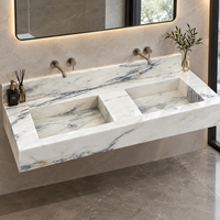 Meuble-lavabo double moderne en marbre blanc Arabescato Calcatta, pierre naturelle, finition polie, avec drain intégré et robinet monotrou