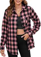 Kemeja Flanel Wanita 60% Katun, Ringan, Lengan Panjang, Motif Kotak-kotak, Kancing, Ukuran Besar, Longgar, Gaya Barat, Kasual, ODM XL