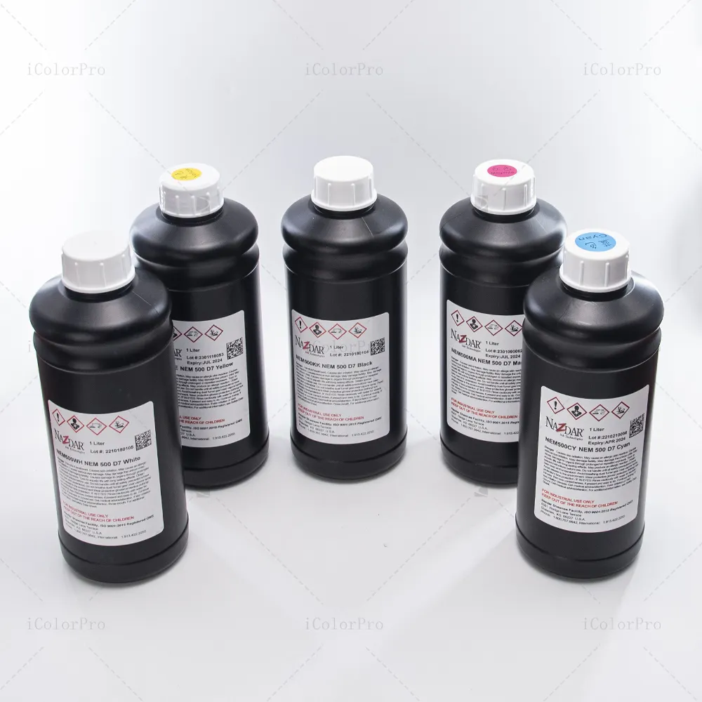 Tinta de cura UV LED original para Ricoh Gen5 Gen6 Toshiba Konica, tinta de impressão UV com brilho de cores excelente Nazdar NEM600