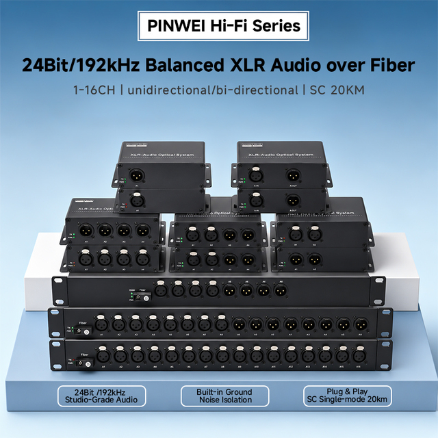 PINWEI 1-16CH 24Bit 192kHz Hi-Fi Balanced XLR Audio Over Fiber Unidirectional/Bidirectional XLR Audio Fiber Optic Converter 20KM