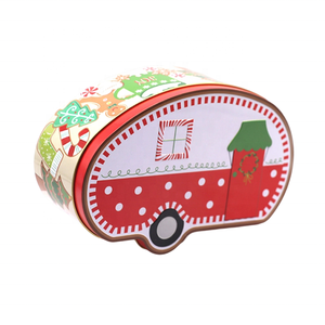 Caja de lata de metal <span class=keywords><strong>con</strong></span> forma de caravana navideña festiva Embalaje de regalo de dulces impreso personalizado - Product Image 1
