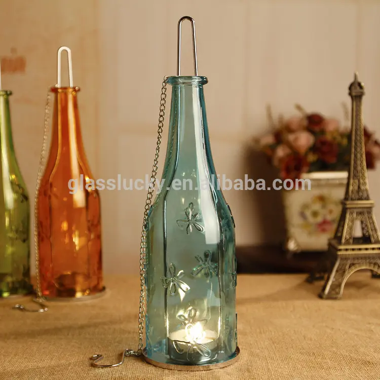 GLASSLUCKY wine bottle shaped colorful hanging glass candle holder candle stand