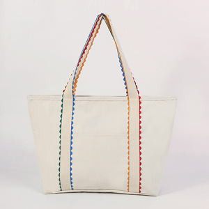 Custom Monogram <strong>Large</strong> Shoulder <strong>Large</strong> <strong>Beach</strong> <strong>Bag</strong> Canvas Rainbow Stripe Handle <strong>Large</strong> Tote Scallop Edge Tote <strong>Bags</strong> - Product Image 3
