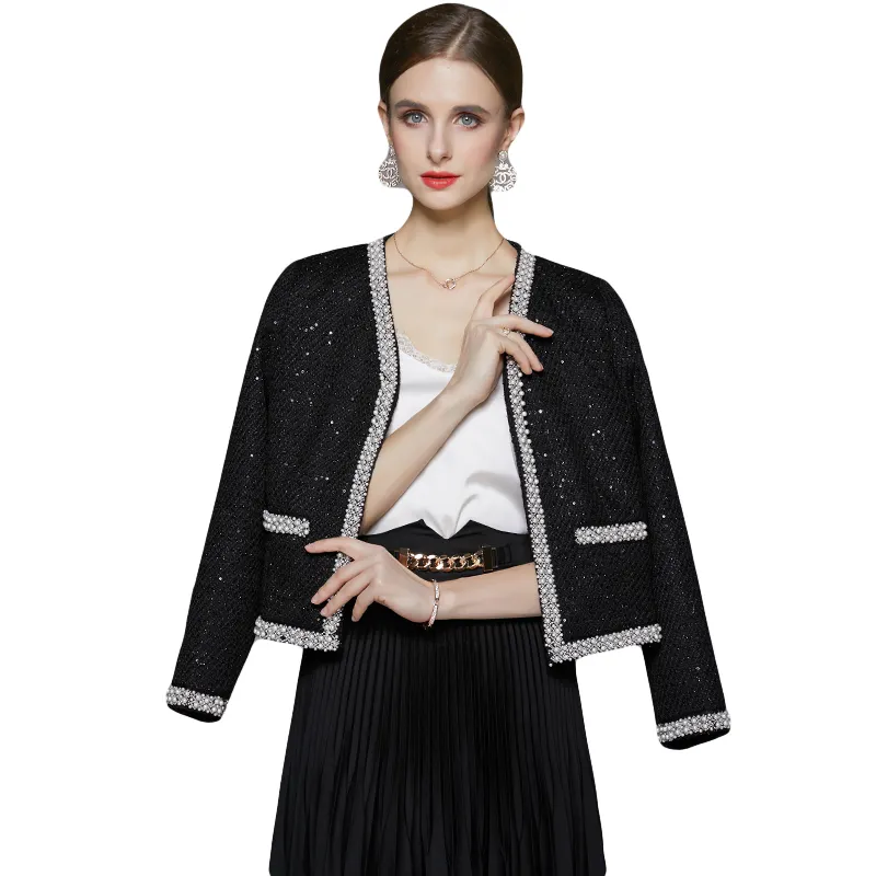 Xiaoxiangfeng black sequin top coat new temperament slim woolen fabric short coat YYX8021085